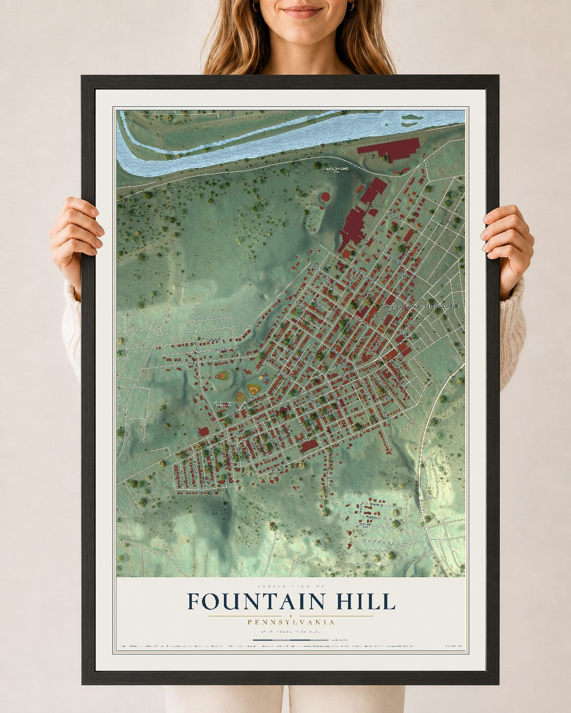 Map of Fountain Hill, Pennsylvania, 24 x 36 inch print in a black wood frame