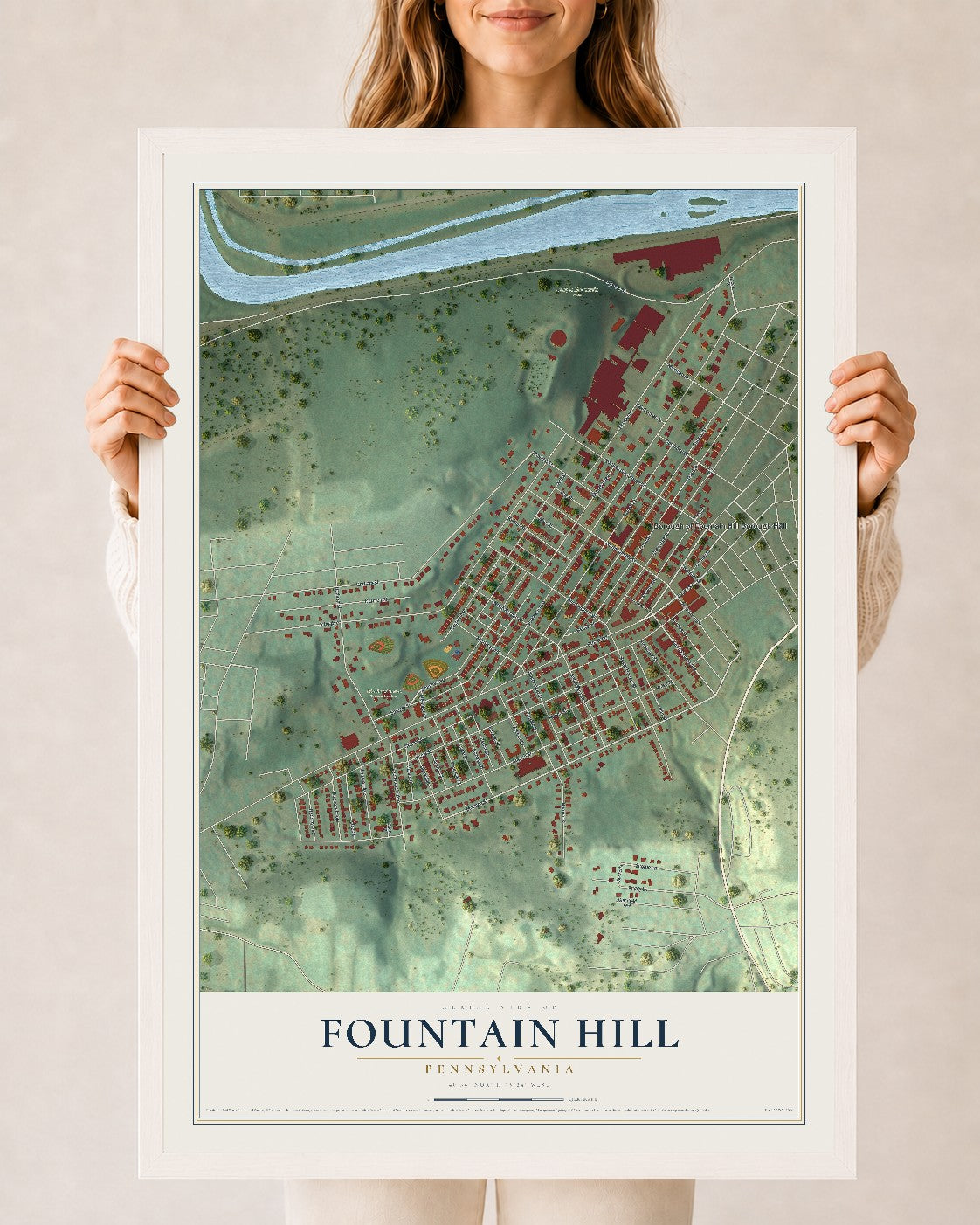Map of Fountain Hill, Pennsylvania, 24 x 36 inch print in a white wood frame