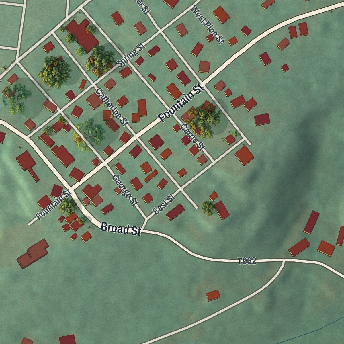 Close-up of the map of Fountain Springs, Pennsylvania print showing street and building detail