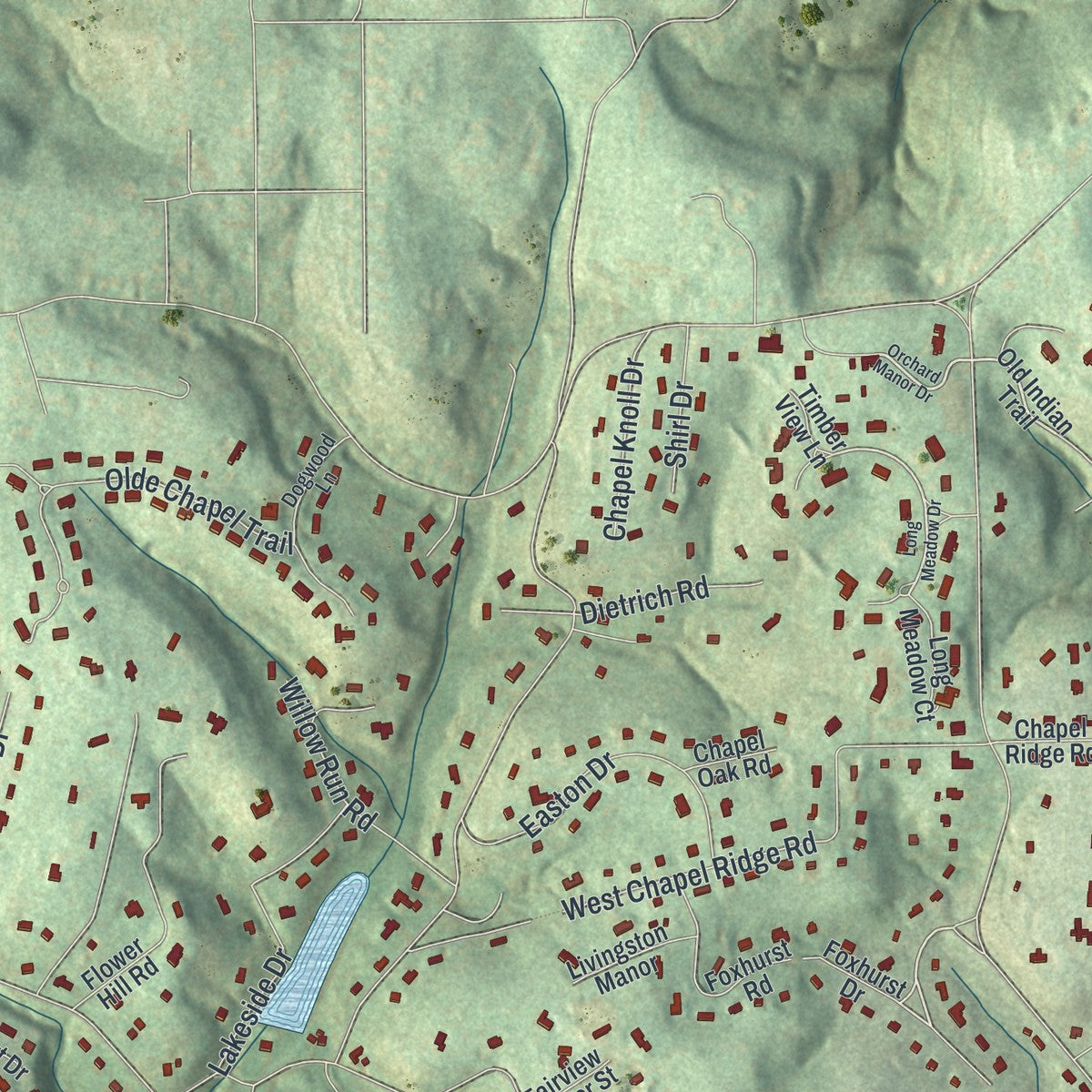 Close-up of the map of Fox Chapel, Pennsylvania print showing street and building detail