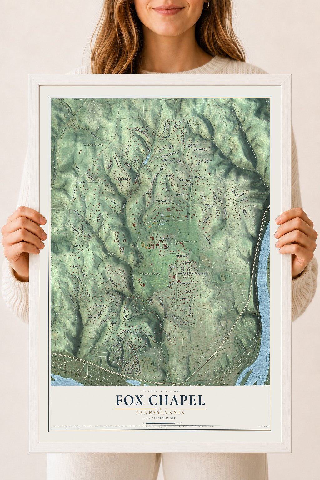Map of Fox Chapel, Pennsylvania, 18 x 24 inch print in a white wood frame