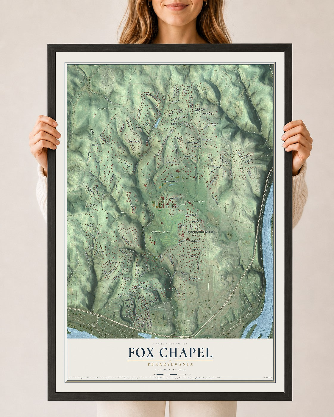 Map of Fox Chapel, Pennsylvania, 24 x 36 inch print in a black wood frame