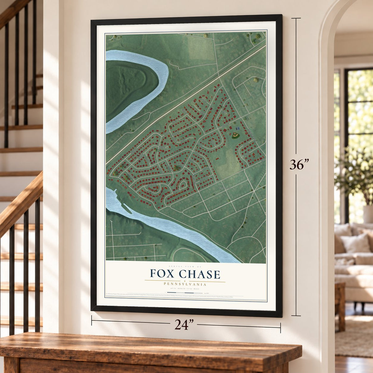 Fox Chase, Pennsylvania map, 24 x 36 inch print in a black frame by a staircase