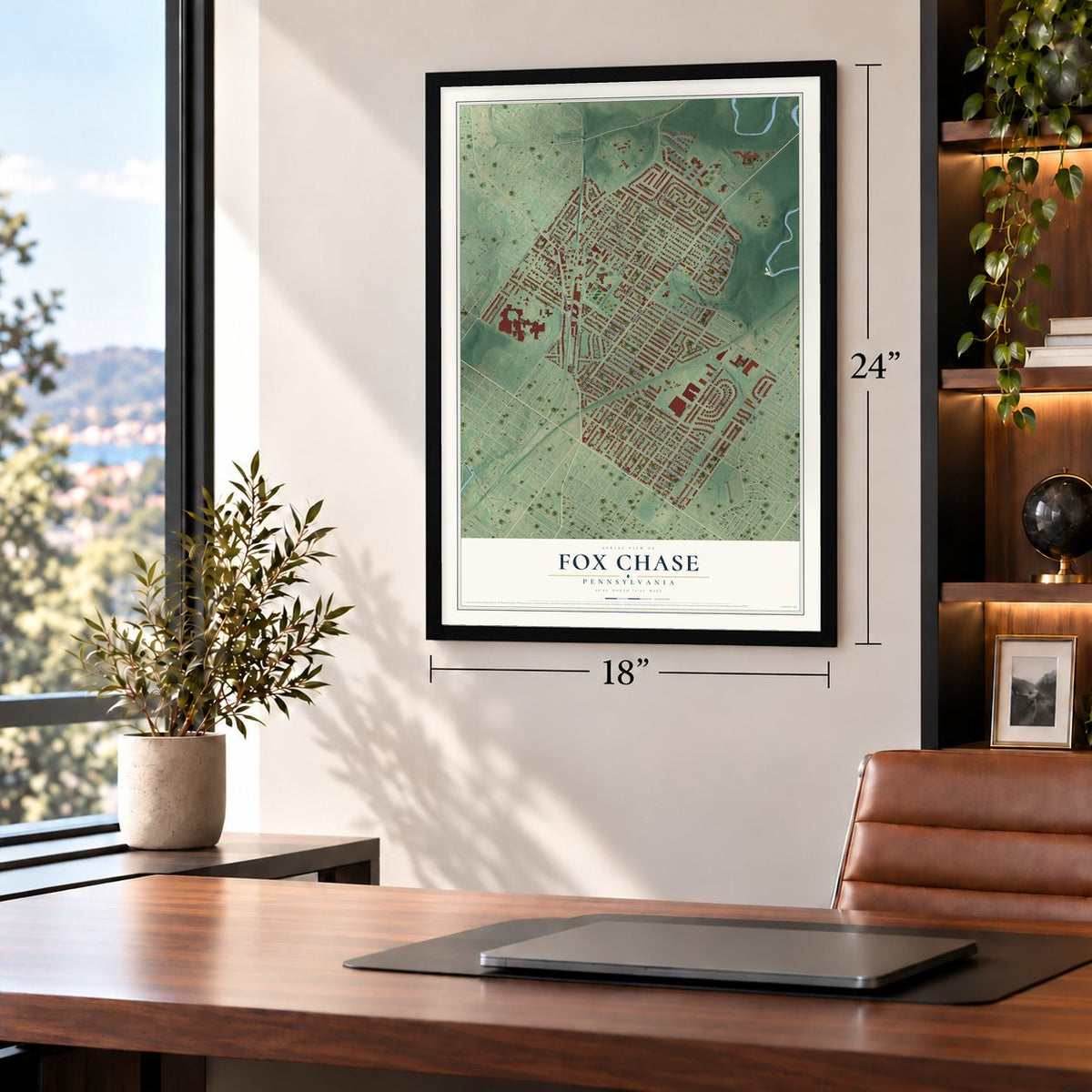 Fox Chase, Philadelphia, Pennsylvania map, 18 x 24 inch print in a black frame in a home office