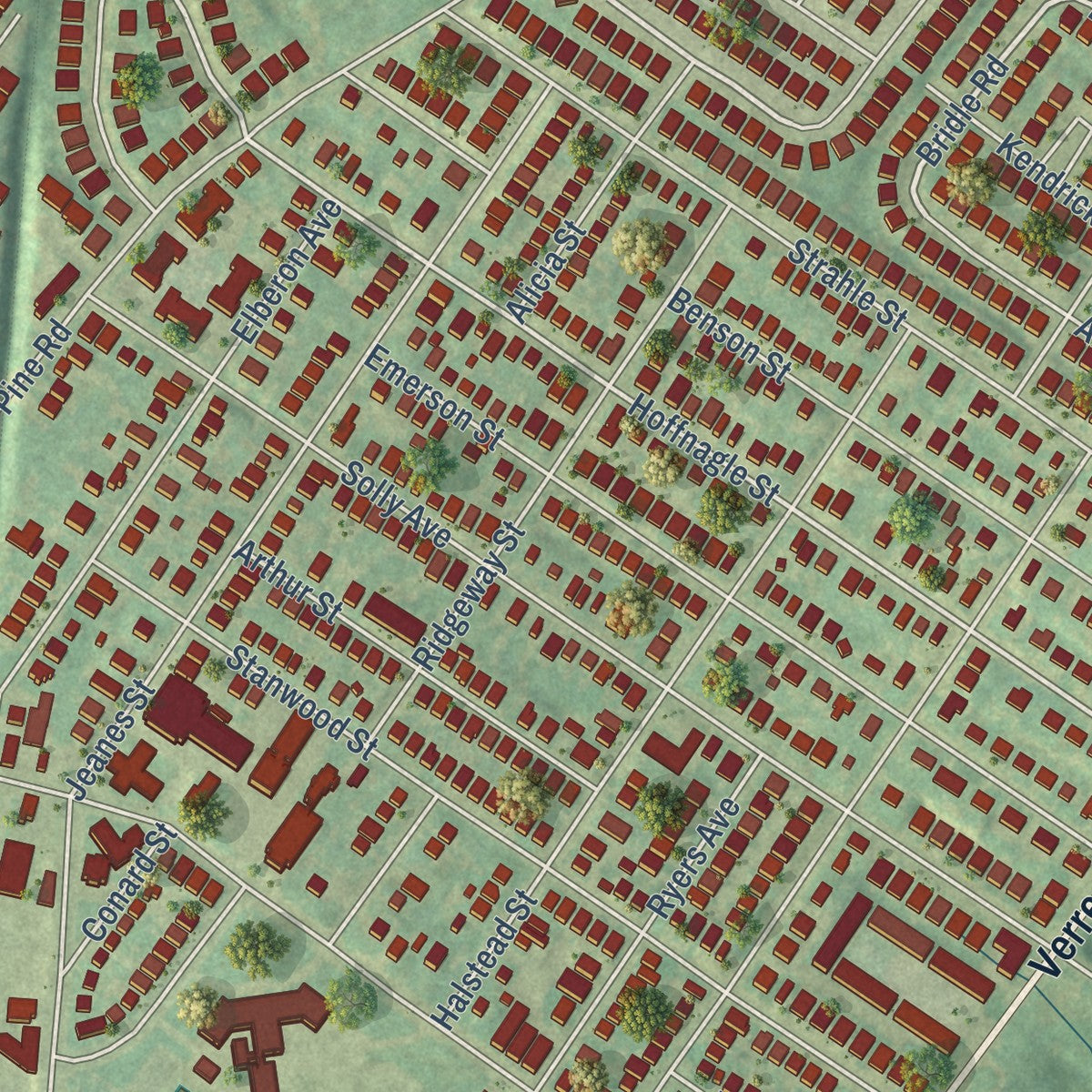 Close-up of the map of Fox Chase, Philadelphia, Pennsylvania print showing street and building detail