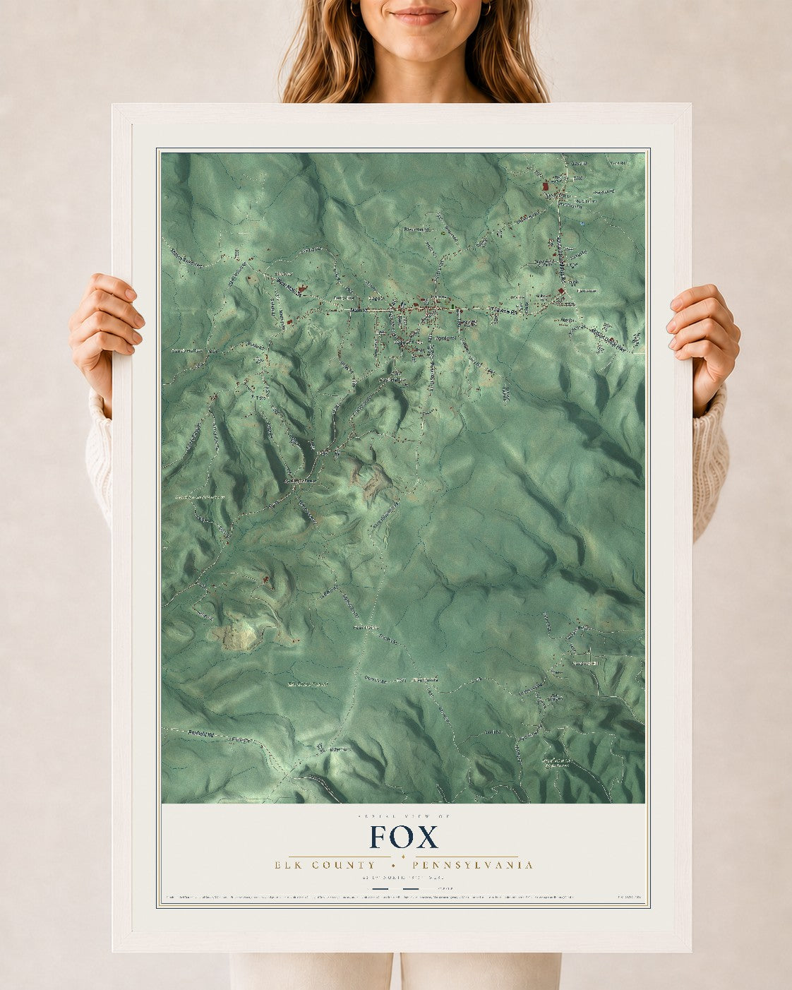 Map of Fox, Elk County, Pennsylvania, 24 x 36 inch print in a white wood frame