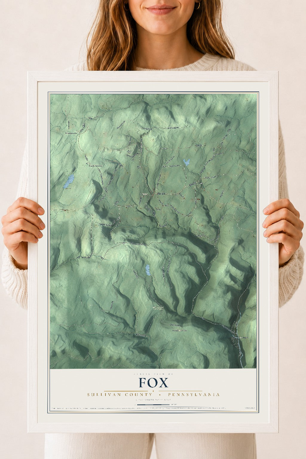 Map of Fox, Sullivan County, Pennsylvania, 18 x 24 inch print in a white wood frame