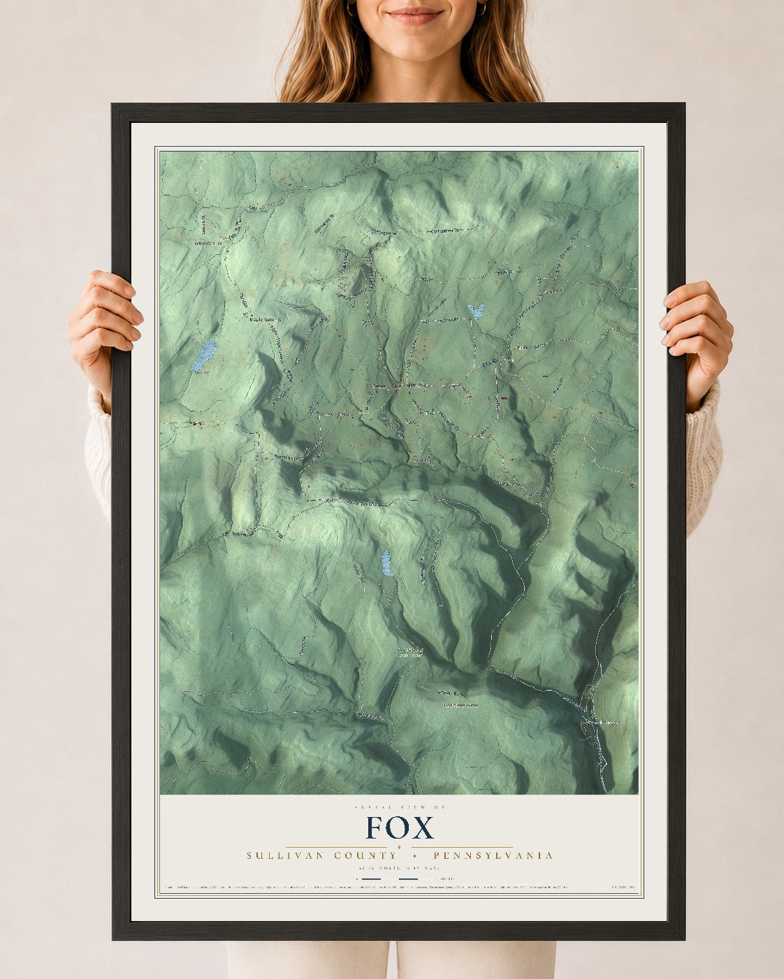 Map of Fox, Sullivan County, Pennsylvania, 24 x 36 inch print in a black wood frame