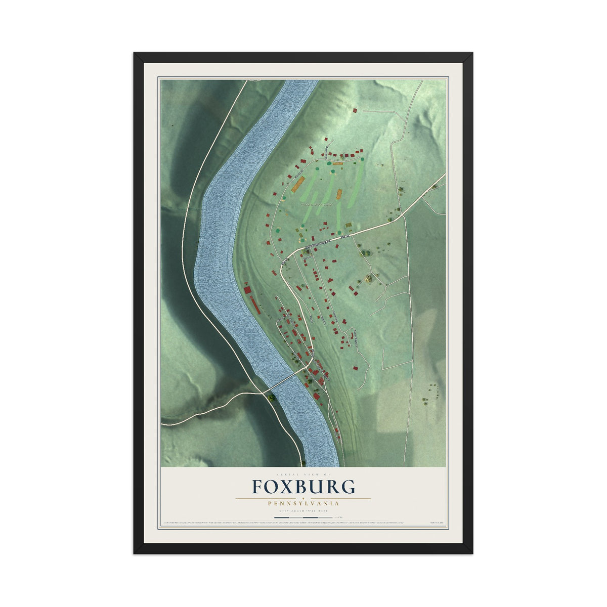 Map of Foxburg, Pennsylvania, 12 x 18 inch print in a black wood frame