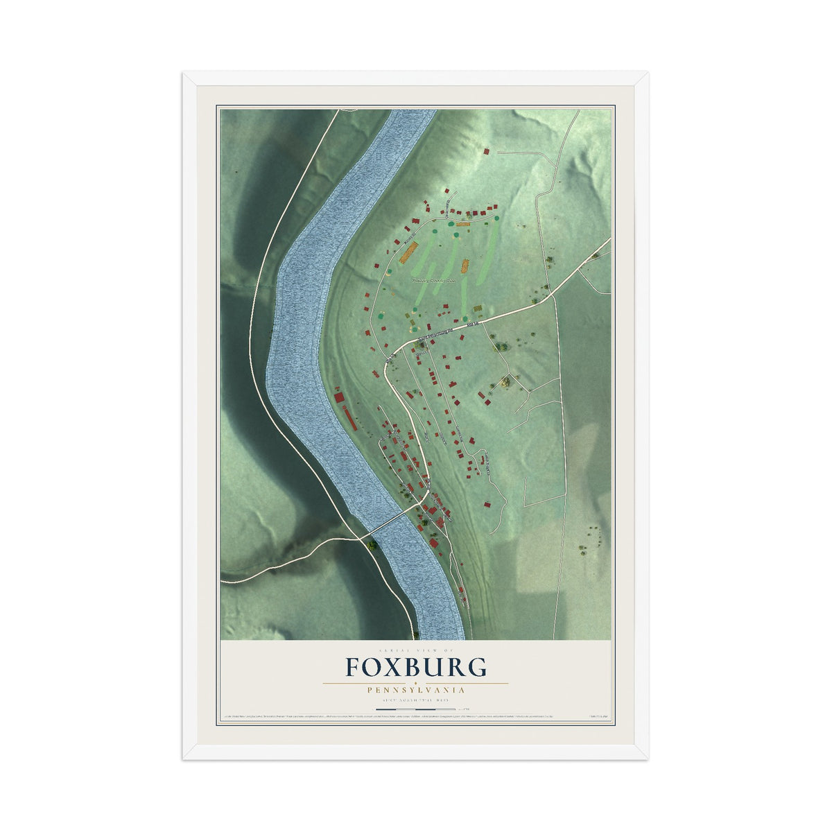 Map of Foxburg, Pennsylvania, 12 x 18 inch print in a white wood frame