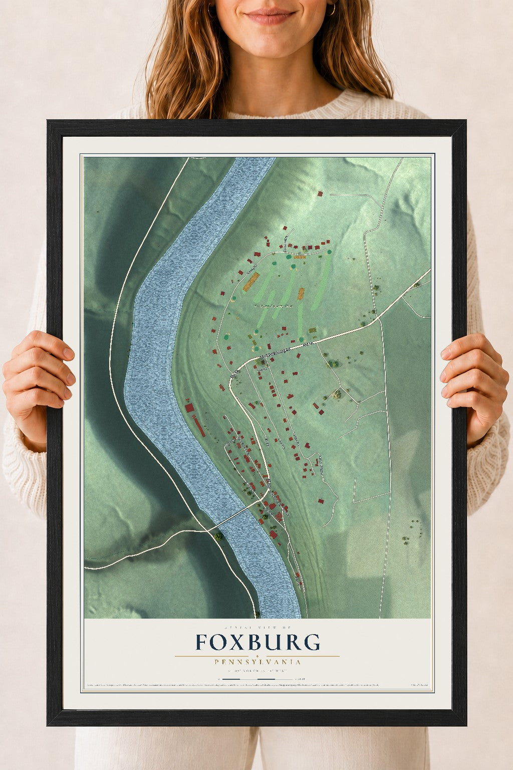 Map of Foxburg, Pennsylvania, 18 x 24 inch print in a black wood frame