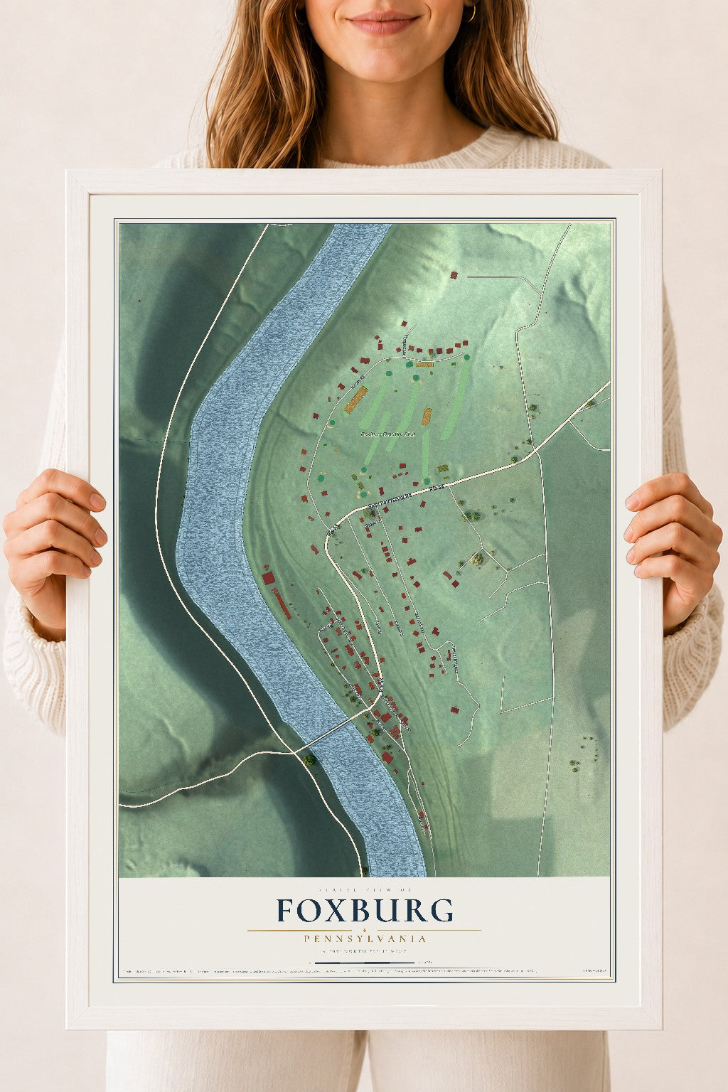 Map of Foxburg, Pennsylvania, 18 x 24 inch print in a white wood frame