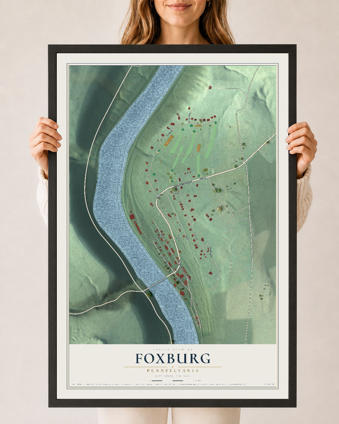 Map of Foxburg, Pennsylvania, 24 x 36 inch print in a black wood frame