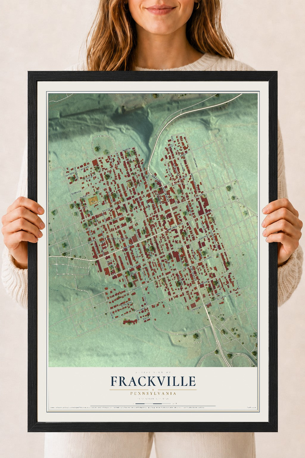 Map of Frackville, Pennsylvania, 18 x 24 inch print in a black wood frame
