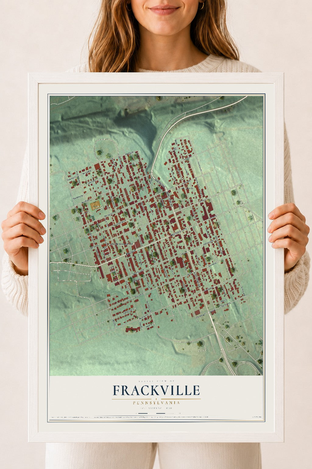 Map of Frackville, Pennsylvania, 18 x 24 inch print in a white wood frame