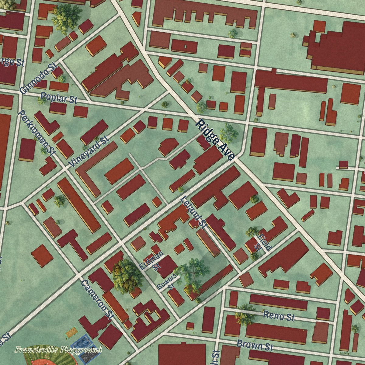 Close-up of the map of Francisville, Pennsylvania print showing street and building detail