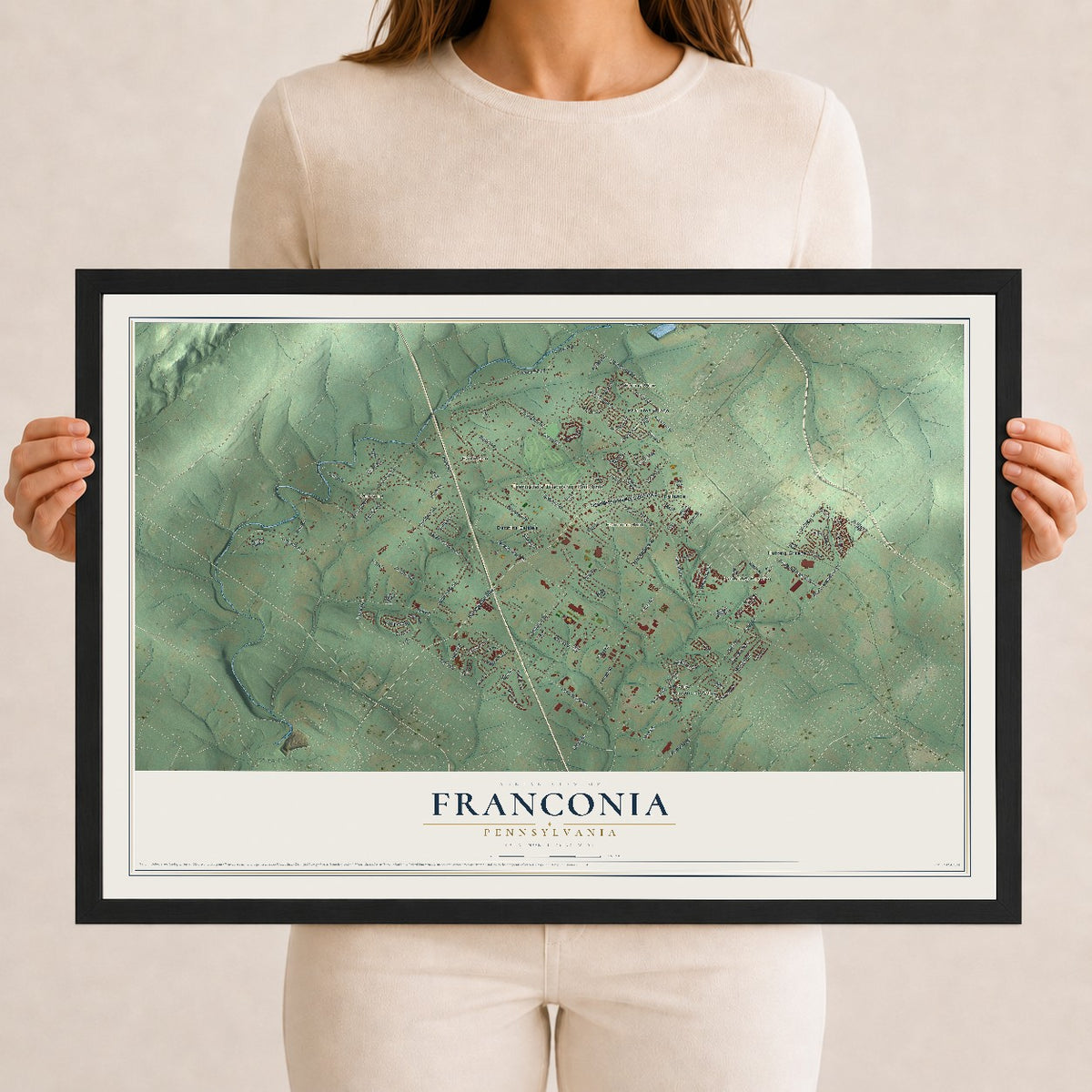 Map of Franconia, Pennsylvania, 12 x 18 inch print in a black wood frame