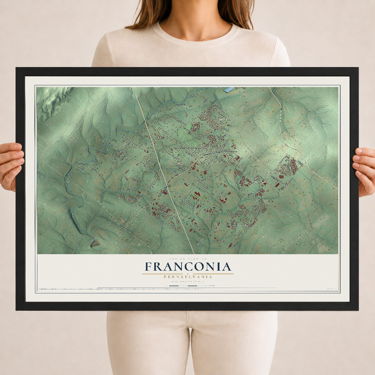 Map of Franconia, Pennsylvania, 18 x 24 inch print in a black wood frame