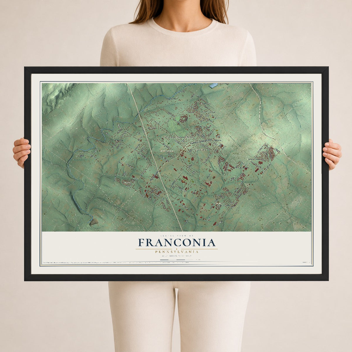 Map of Franconia, Pennsylvania, 24 x 36 inch print in a black wood frame