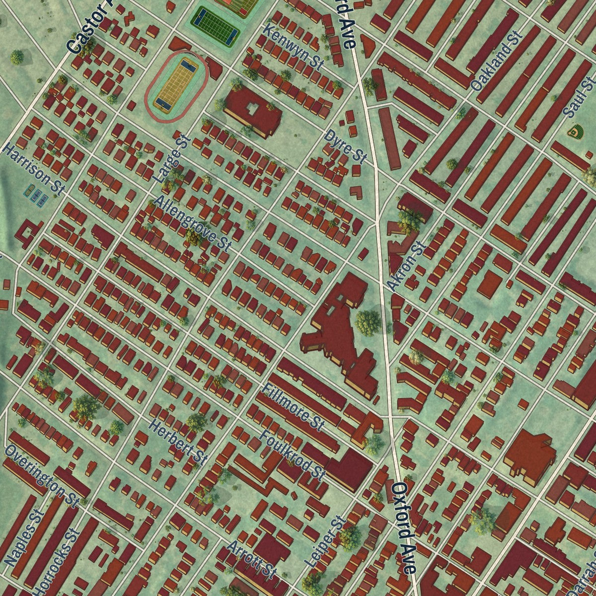 Close-up of the map of Frankford, Pennsylvania print showing street and building detail