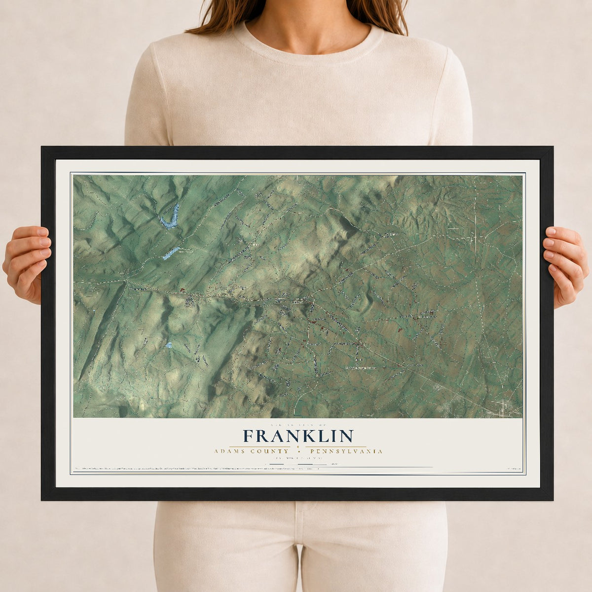Map of Franklin, Adams County, Pennsylvania, 12 x 18 inch print in a black wood frame