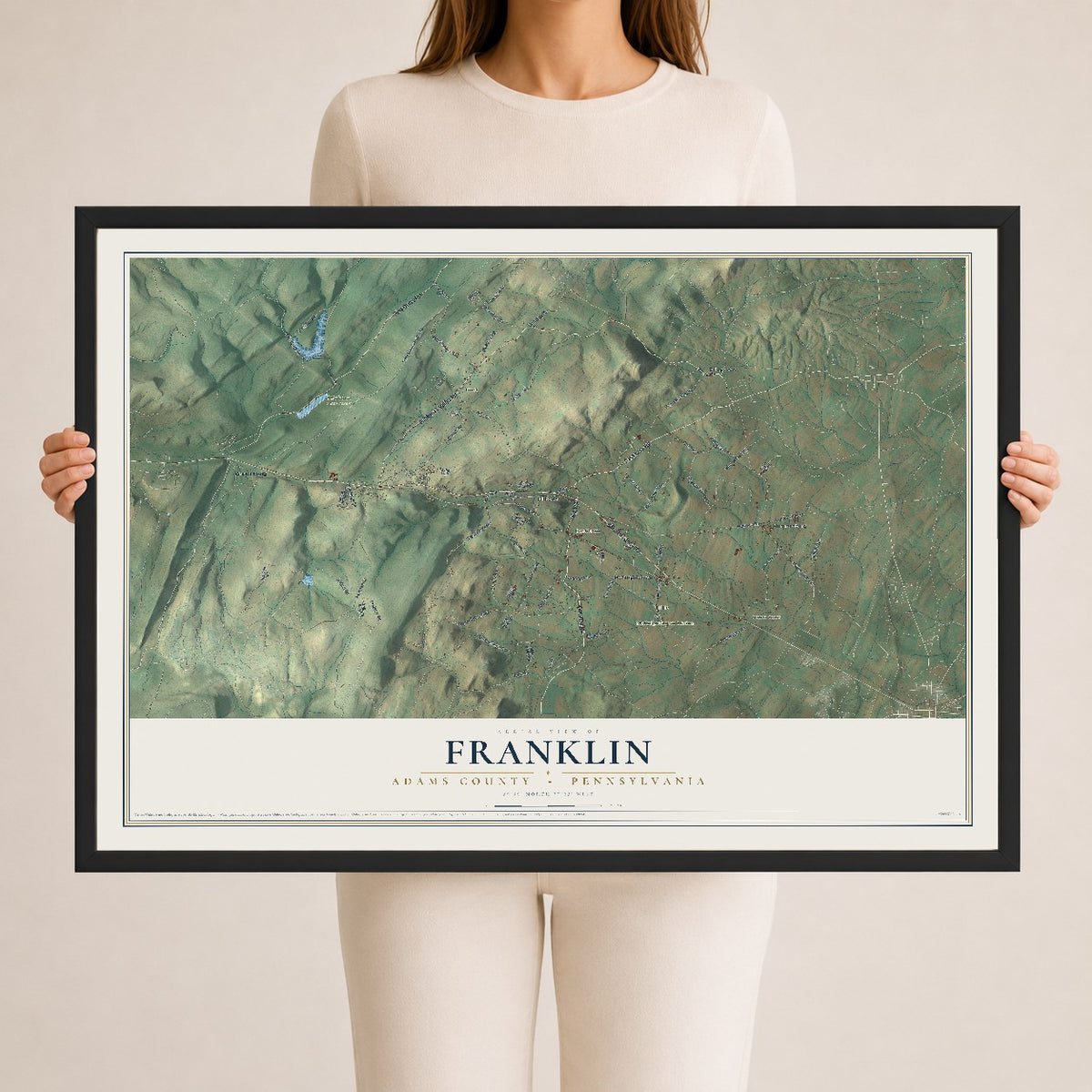 Map of Franklin, Adams County, Pennsylvania, 24 x 36 inch print in a black wood frame