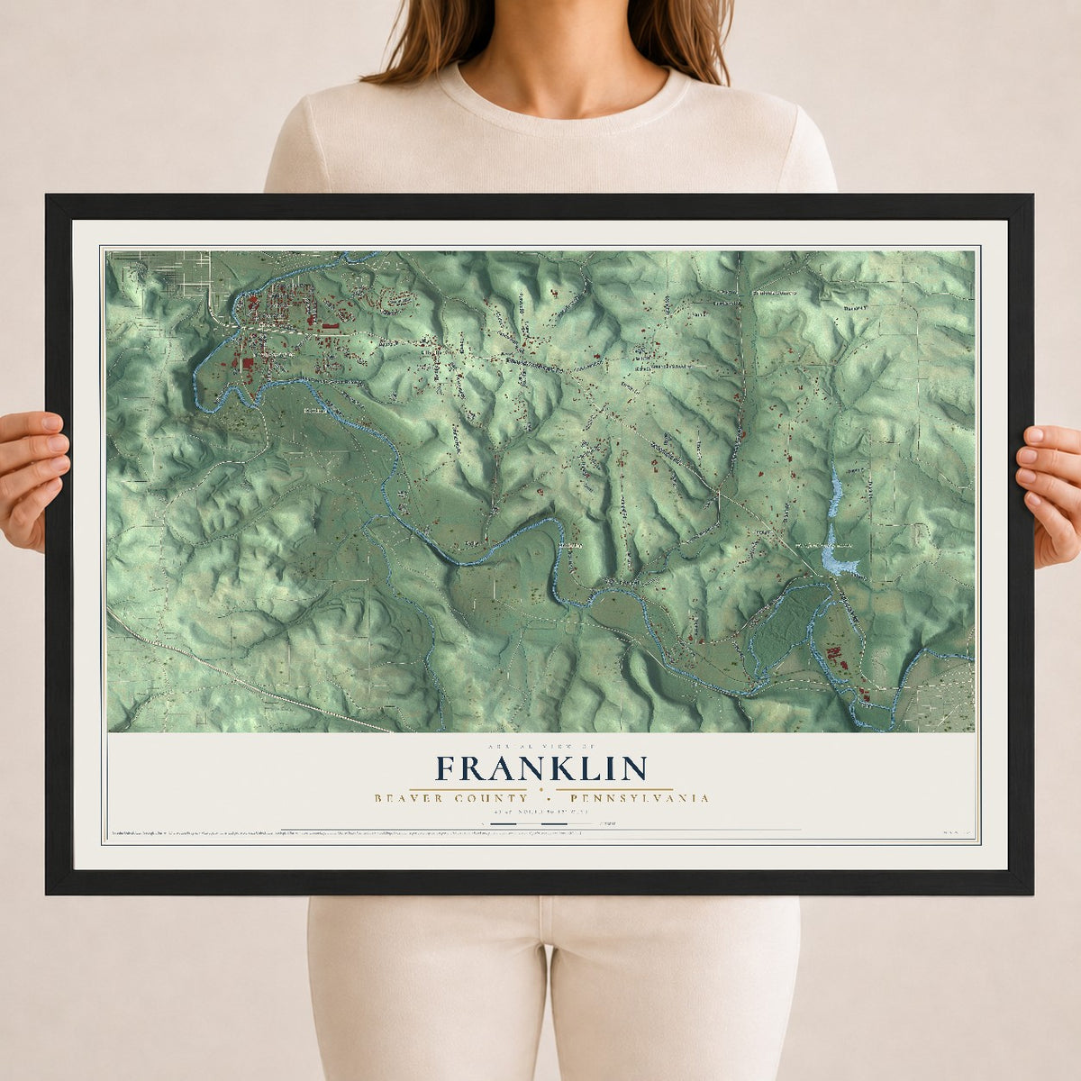 Map of Franklin, Beaver County, Pennsylvania, 18 x 24 inch print in a black wood frame