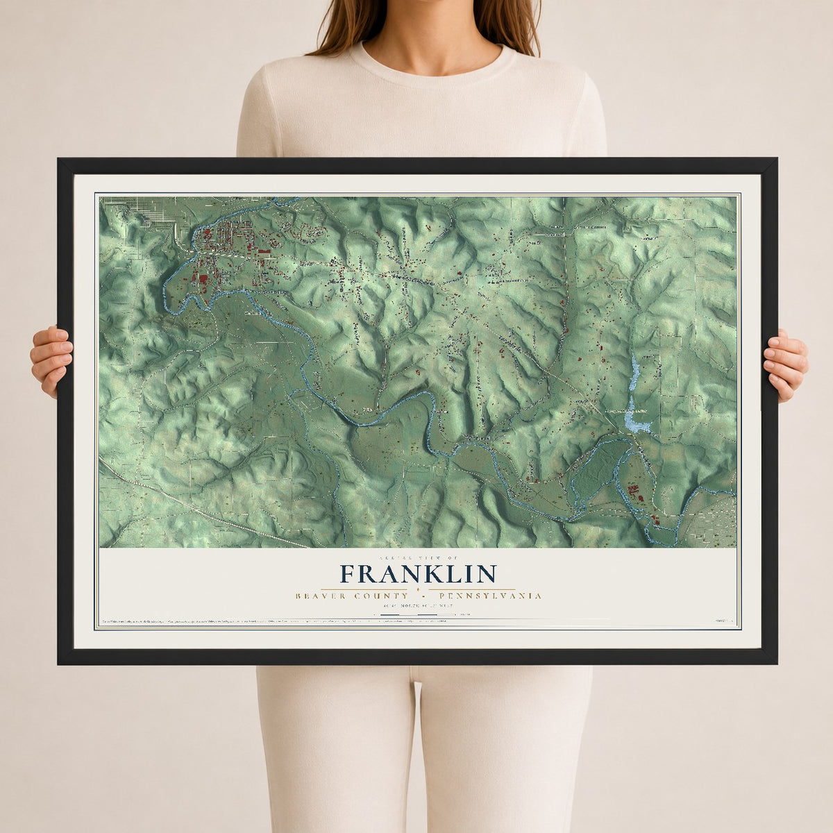 Map of Franklin, Beaver County, Pennsylvania, 24 x 36 inch print in a black wood frame