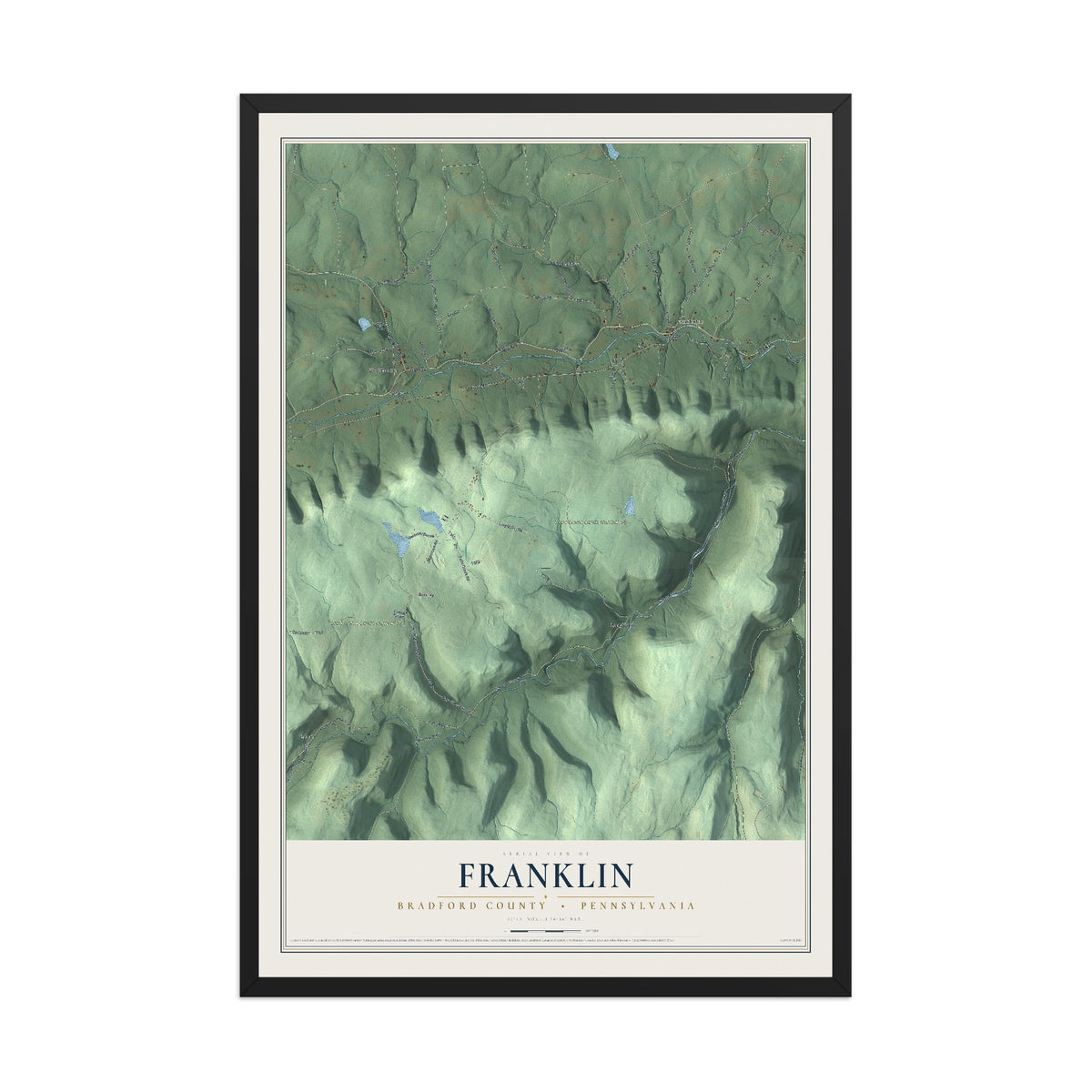Map of Franklin, Bradford County, Pennsylvania, 12 x 18 inch print in a black wood frame