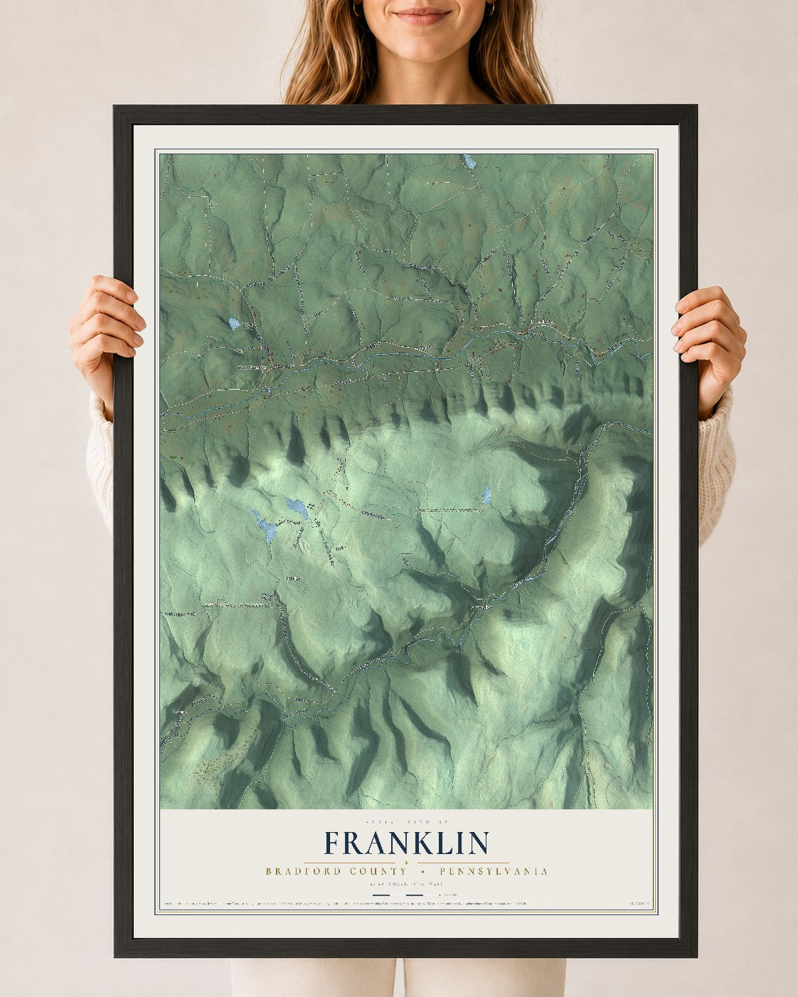 Map of Franklin, Bradford County, Pennsylvania, 24 x 36 inch print in a black wood frame