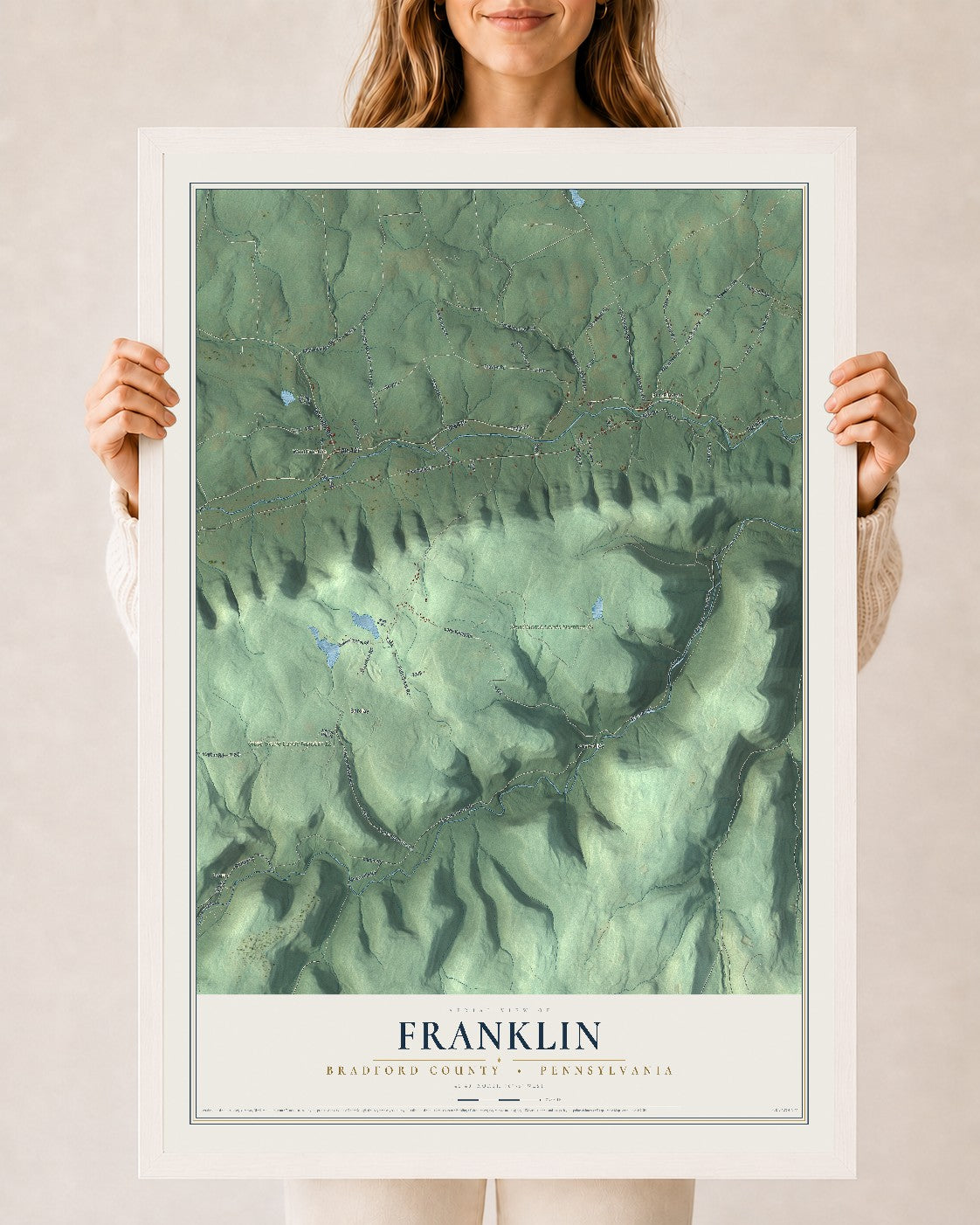 Map of Franklin, Bradford County, Pennsylvania, 24 x 36 inch print in a white wood frame