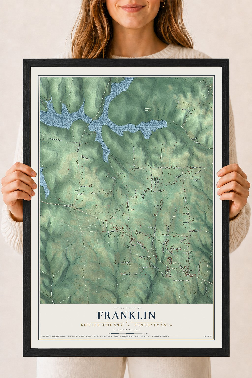 Map of Franklin, Butler County, Pennsylvania, 18 x 24 inch print in a black wood frame