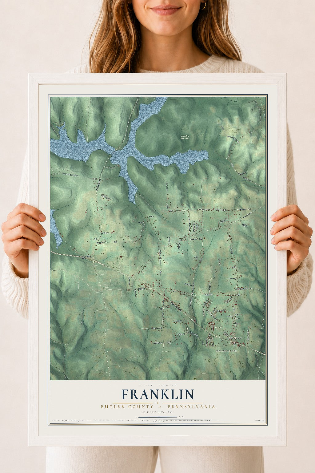 Map of Franklin, Butler County, Pennsylvania, 18 x 24 inch print in a white wood frame