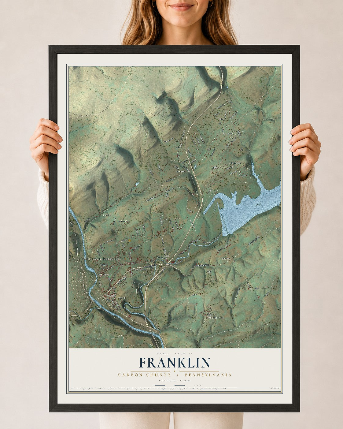 Map of Franklin, Carbon County, Pennsylvania, 24 x 36 inch print in a black wood frame