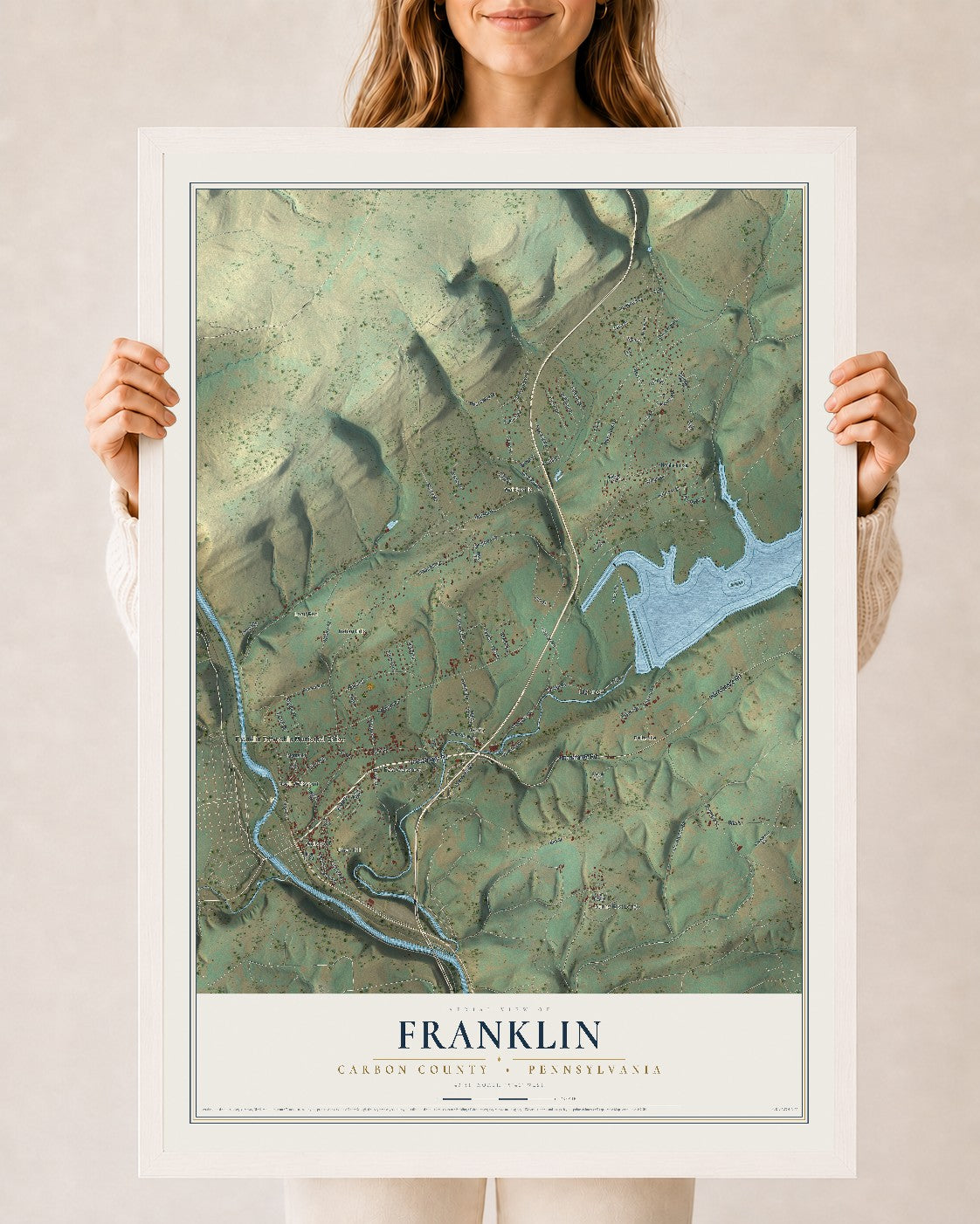 Map of Franklin, Carbon County, Pennsylvania, 24 x 36 inch print in a white wood frame