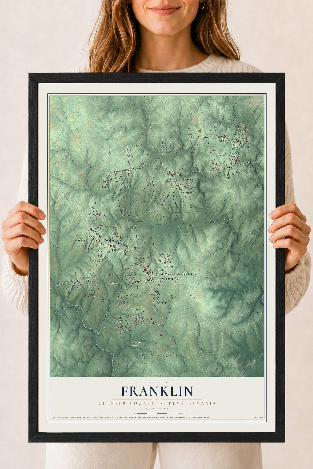 Map of Franklin, Chester County, Pennsylvania, 18 x 24 inch print in a black wood frame