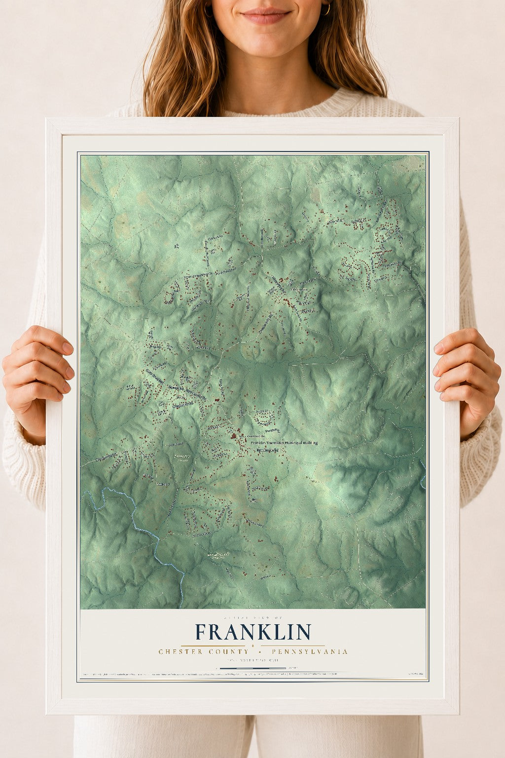 Map of Franklin, Chester County, Pennsylvania, 18 x 24 inch print in a white wood frame