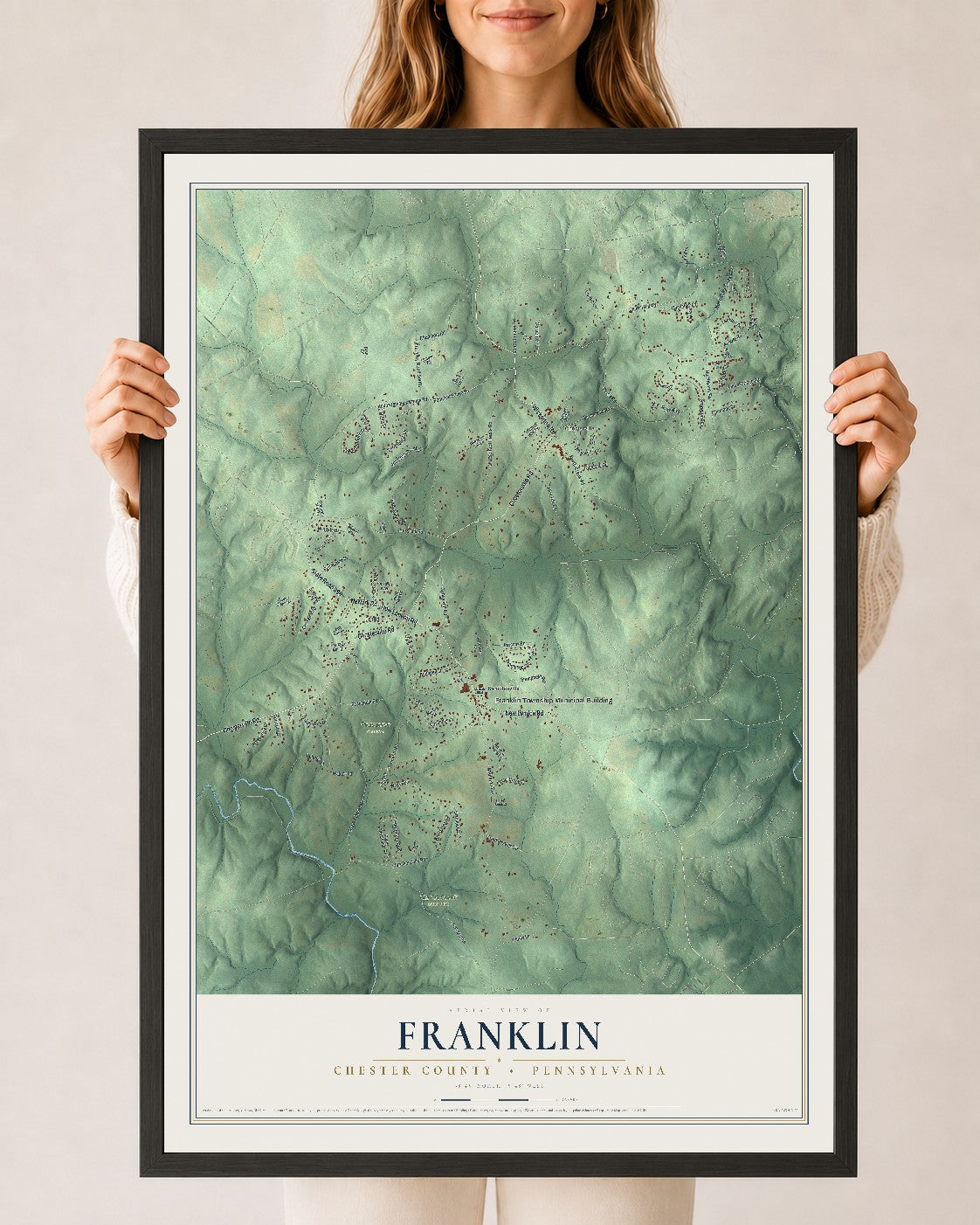 Map of Franklin, Chester County, Pennsylvania, 24 x 36 inch print in a black wood frame