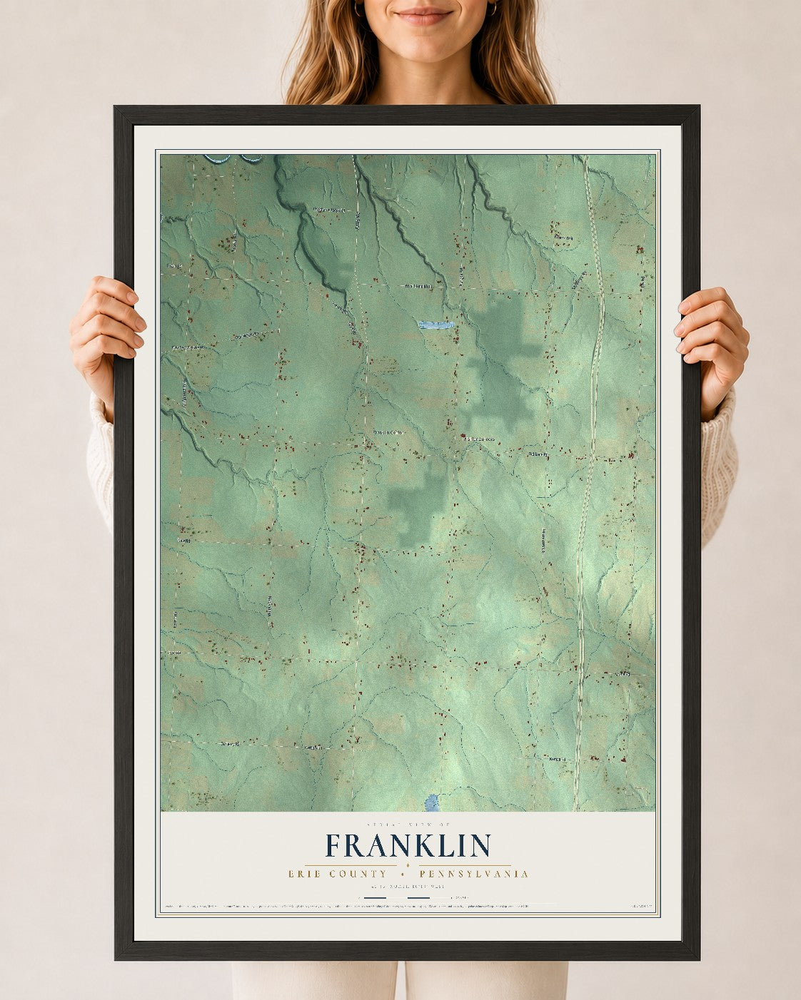 Map of Franklin, Erie County, Pennsylvania, 24 x 36 inch print in a black wood frame