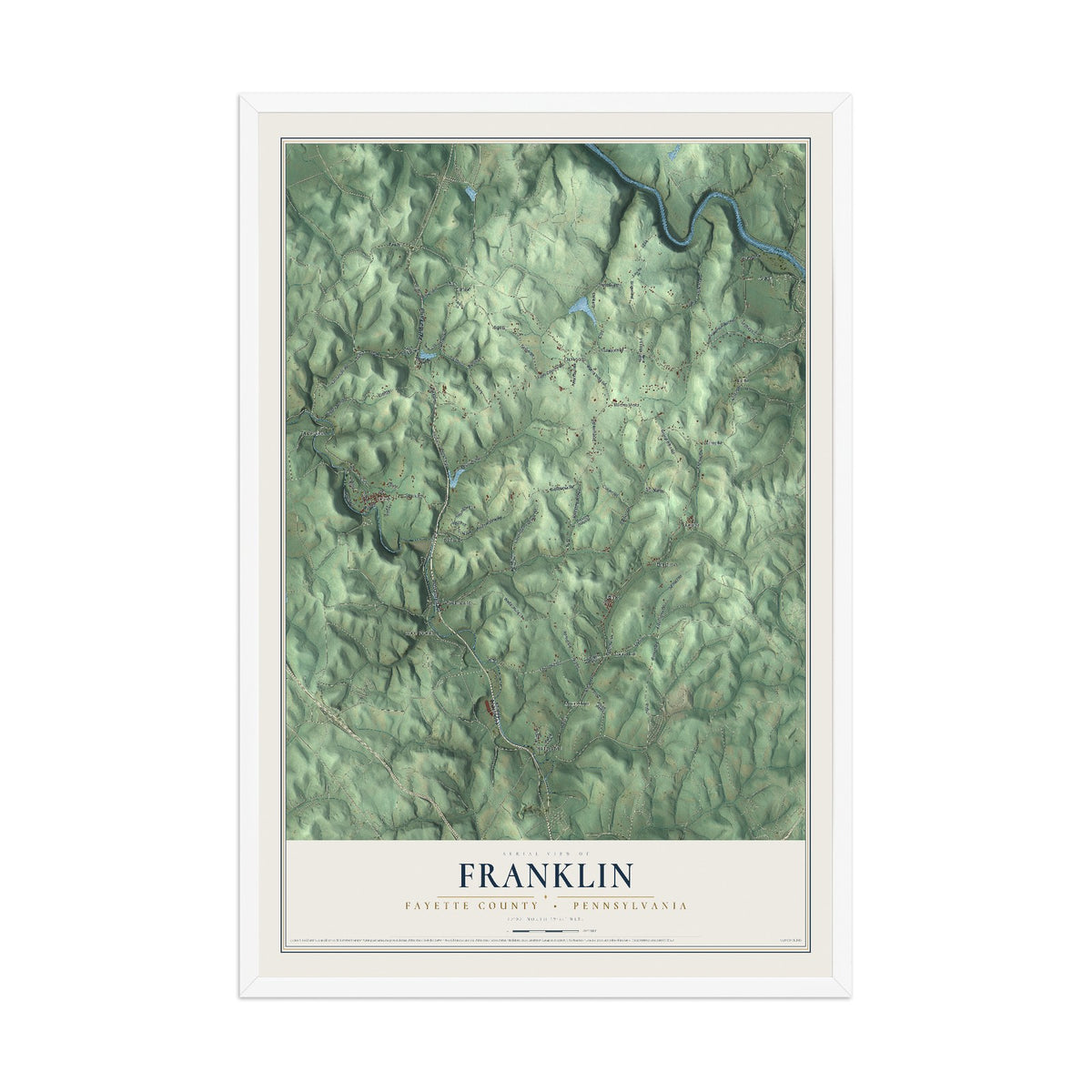 Map of Franklin, Fayette County, Pennsylvania, 12 x 18 inch print in a white wood frame