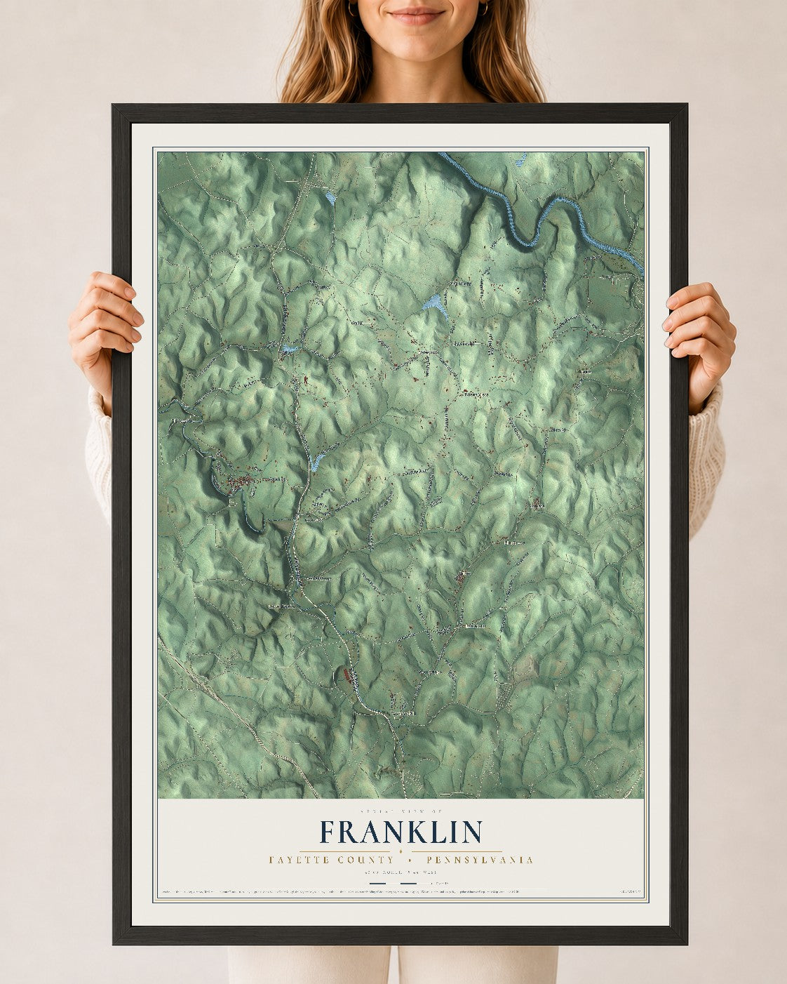 Map of Franklin, Fayette County, Pennsylvania, 24 x 36 inch print in a black wood frame