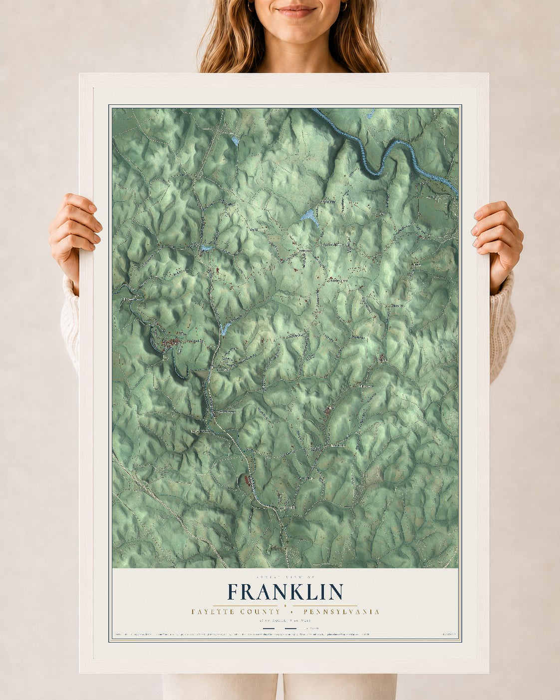 Map of Franklin, Fayette County, Pennsylvania, 24 x 36 inch print in a white wood frame