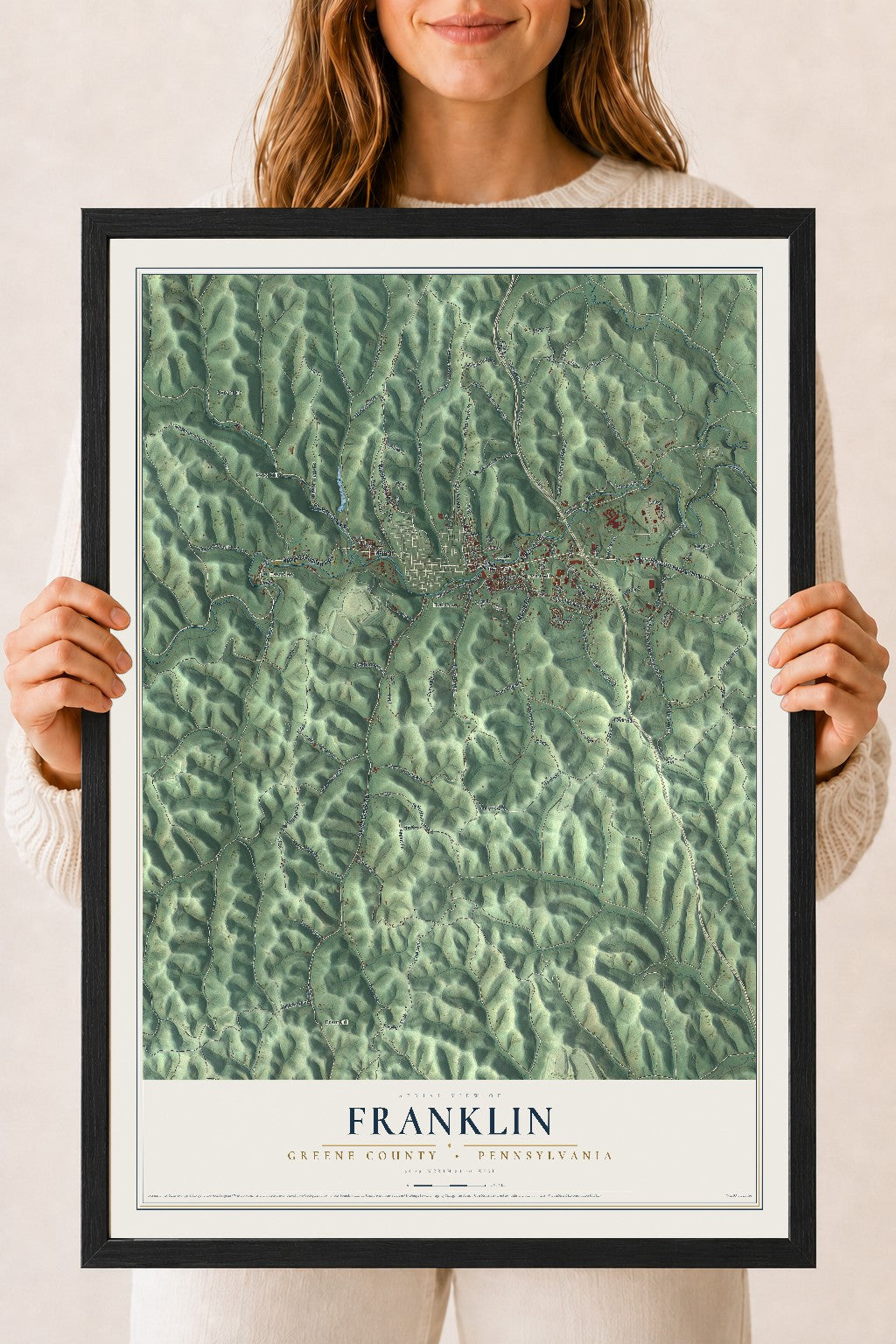 Map of Franklin, Greene County, Pennsylvania, 18 x 24 inch print in a black wood frame