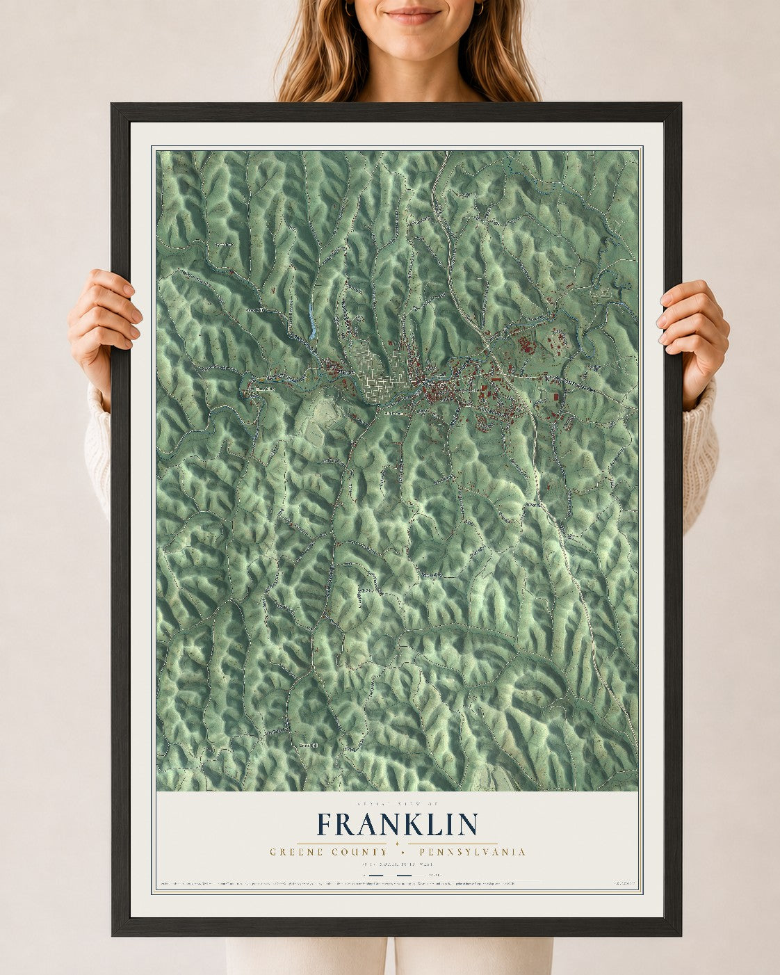 Map of Franklin, Greene County, Pennsylvania, 24 x 36 inch print in a black wood frame