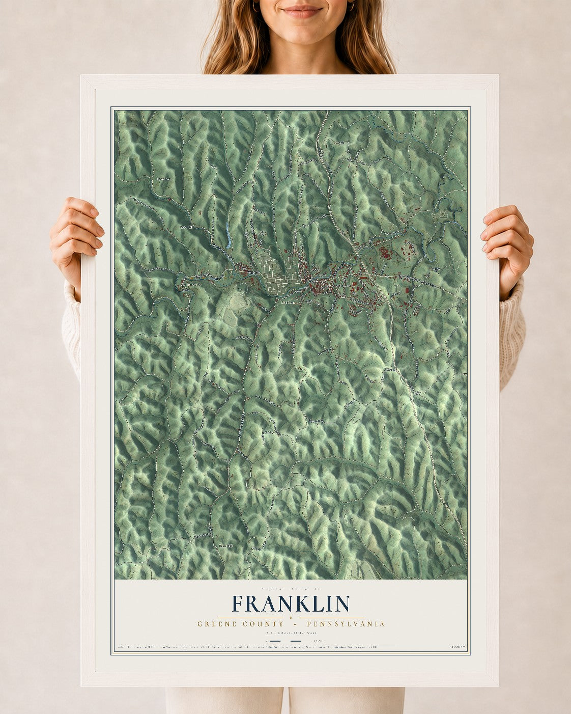 Map of Franklin, Greene County, Pennsylvania, 24 x 36 inch print in a white wood frame