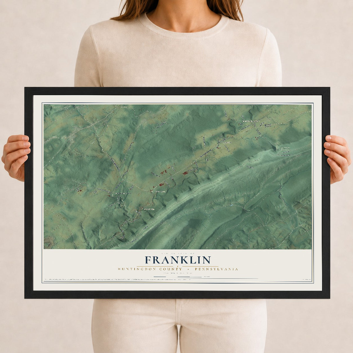 Map of Franklin, Huntingdon County, Pennsylvania, 12 x 18 inch print in a black wood frame