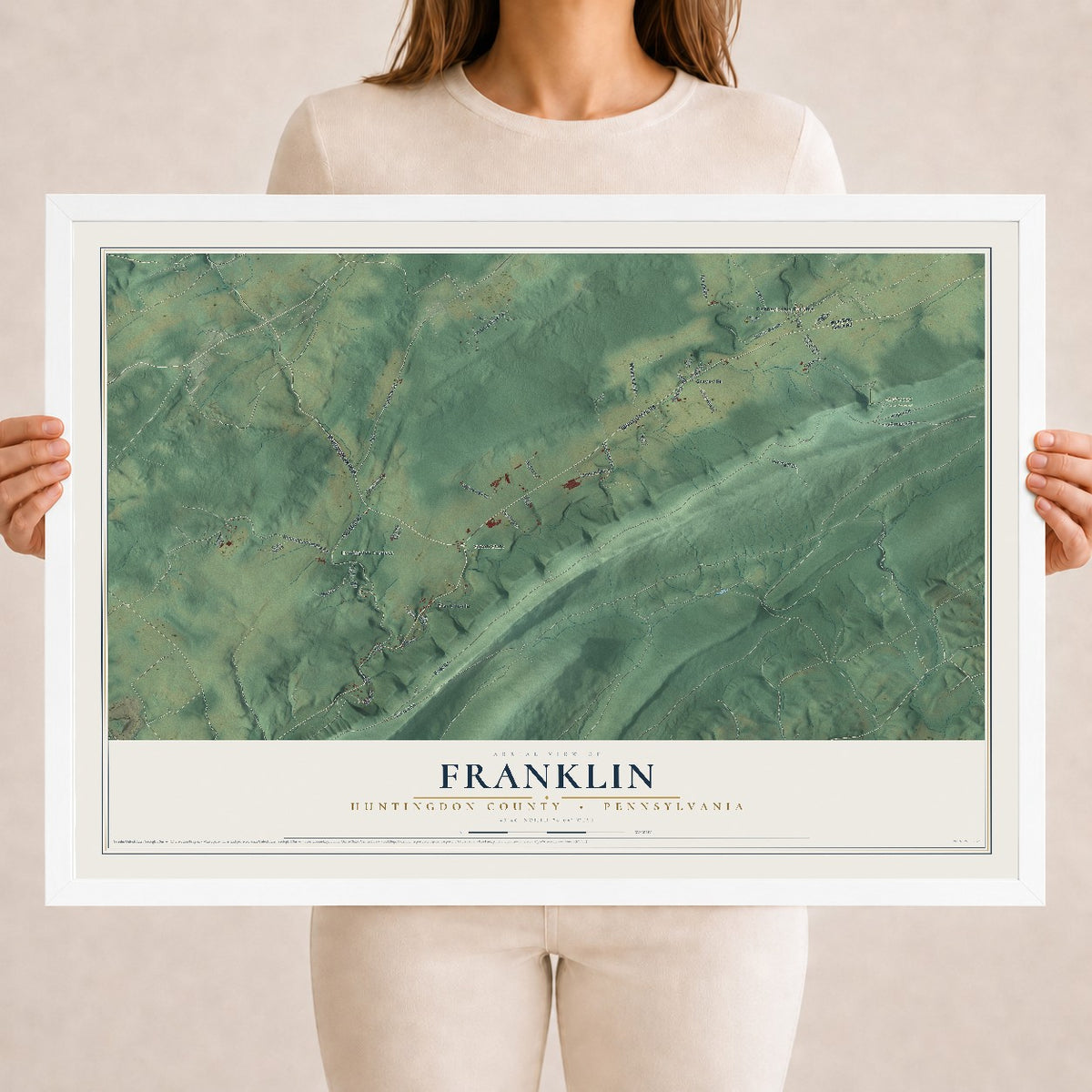 Map of Franklin, Huntingdon County, Pennsylvania, 18 x 24 inch print in a white wood frame