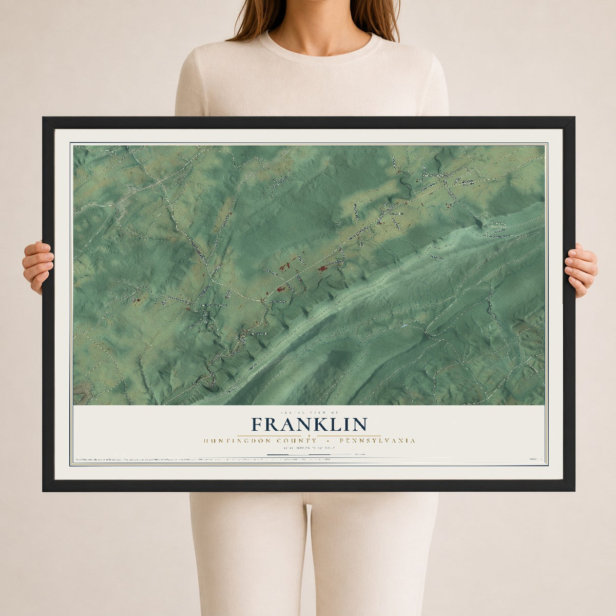 Map of Franklin, Huntingdon County, Pennsylvania, 24 x 36 inch print in a black wood frame