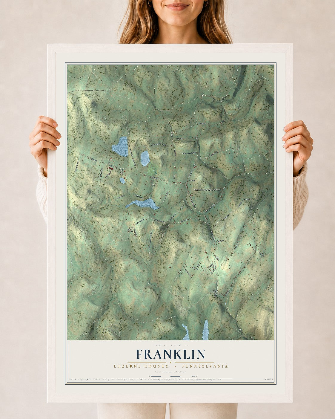 Map of Franklin, Luzerne County, Pennsylvania, 24 x 36 inch print in a white wood frame