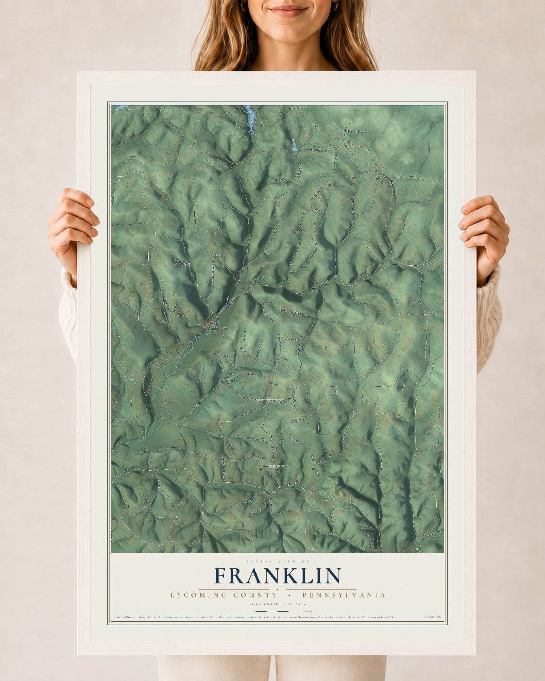 Map of Franklin, Lycoming County, Pennsylvania, 24 x 36 inch print in a white wood frame